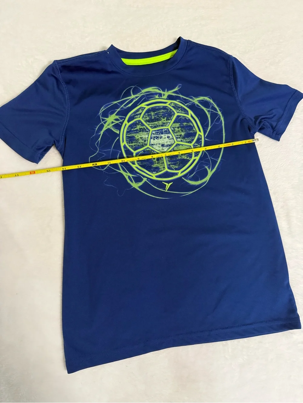 Cat & Jack Navy Blue Tee with Neon Green Soccer Graphic Youth Medium Performance